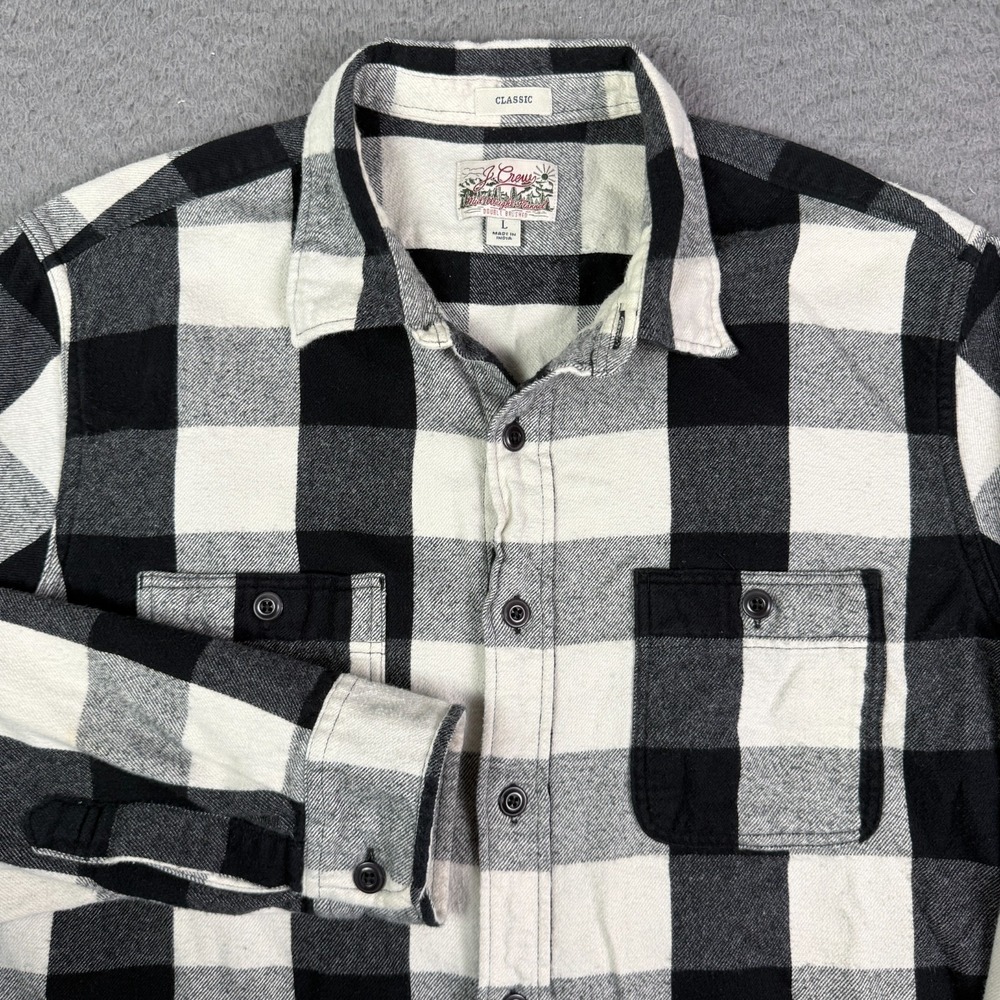 J. Crew Shirt Mens L Black White Plaid Mid Weight Double Brushed Flannel